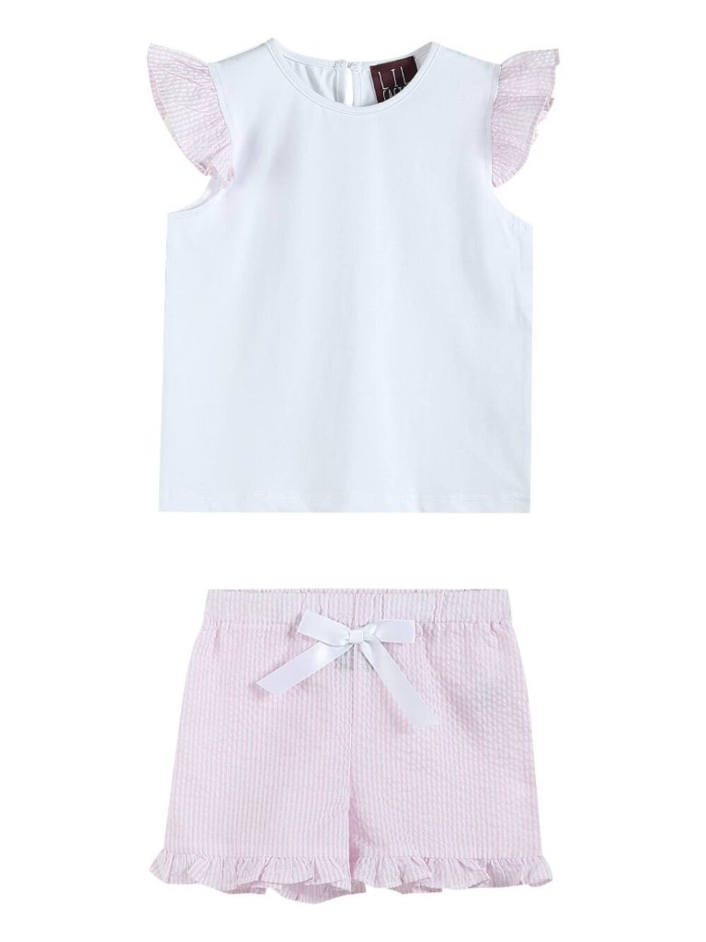 White & Pink Seersucker Top and Shorts Set